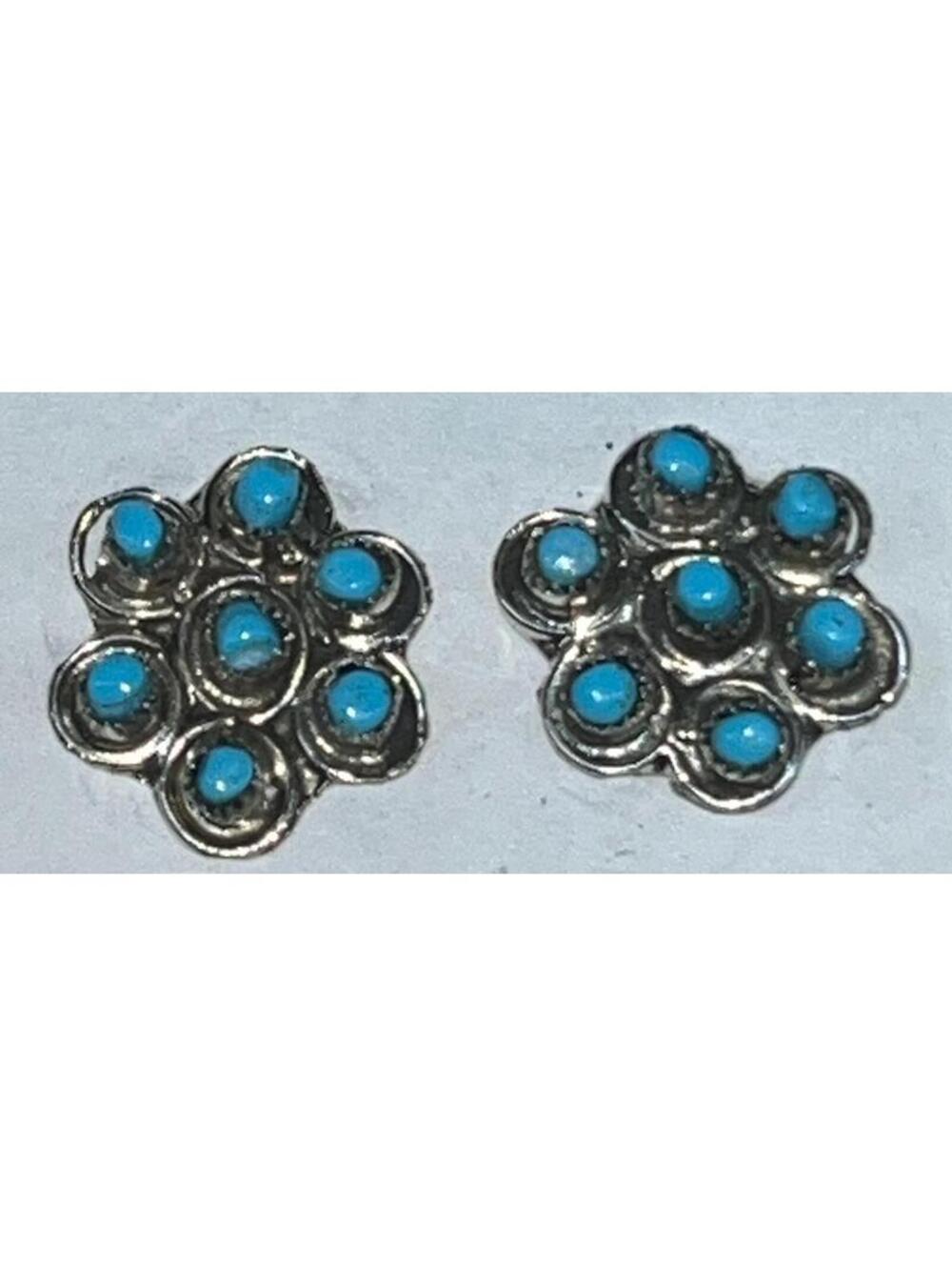 Native American Zuni sterling silver turquoise traditional cluster post earrings